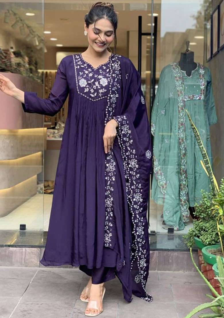 Violet Embroidered Poly Blended Kurta Sets - Indya