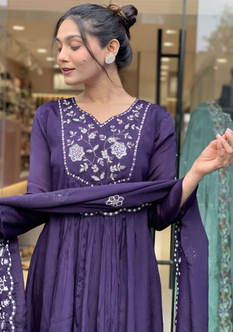 Violet Embroidered Poly Blended Kurta Sets - Indya