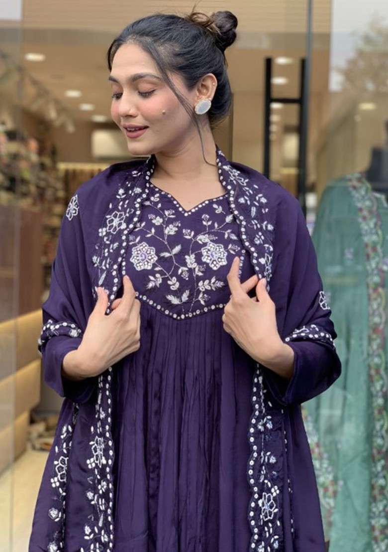 Violet Embroidered Poly Blended Kurta Sets - Indya