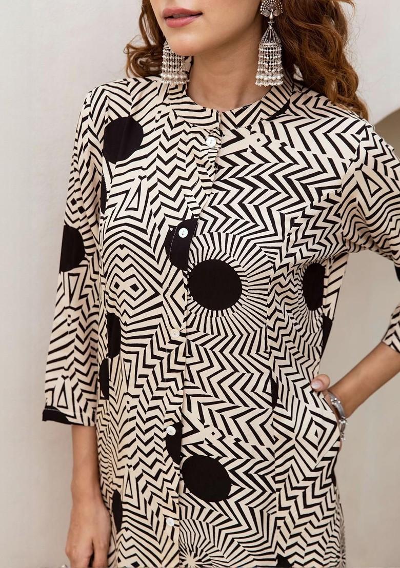 Cream Embroidered Poly Blended Kurta Sets - Indya