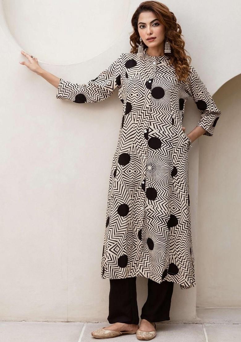 Cream Embroidered Poly Blended Kurta Sets - Indya