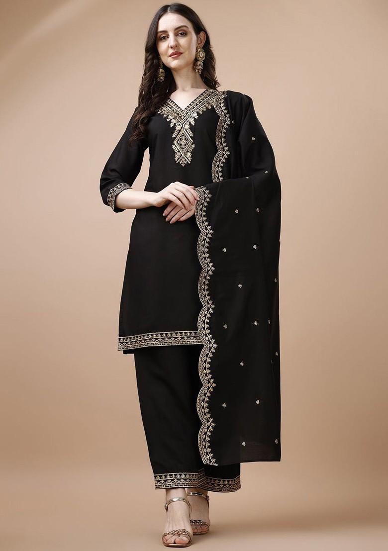 Black Embroidered Poly Blended Kurta Sets - Indya