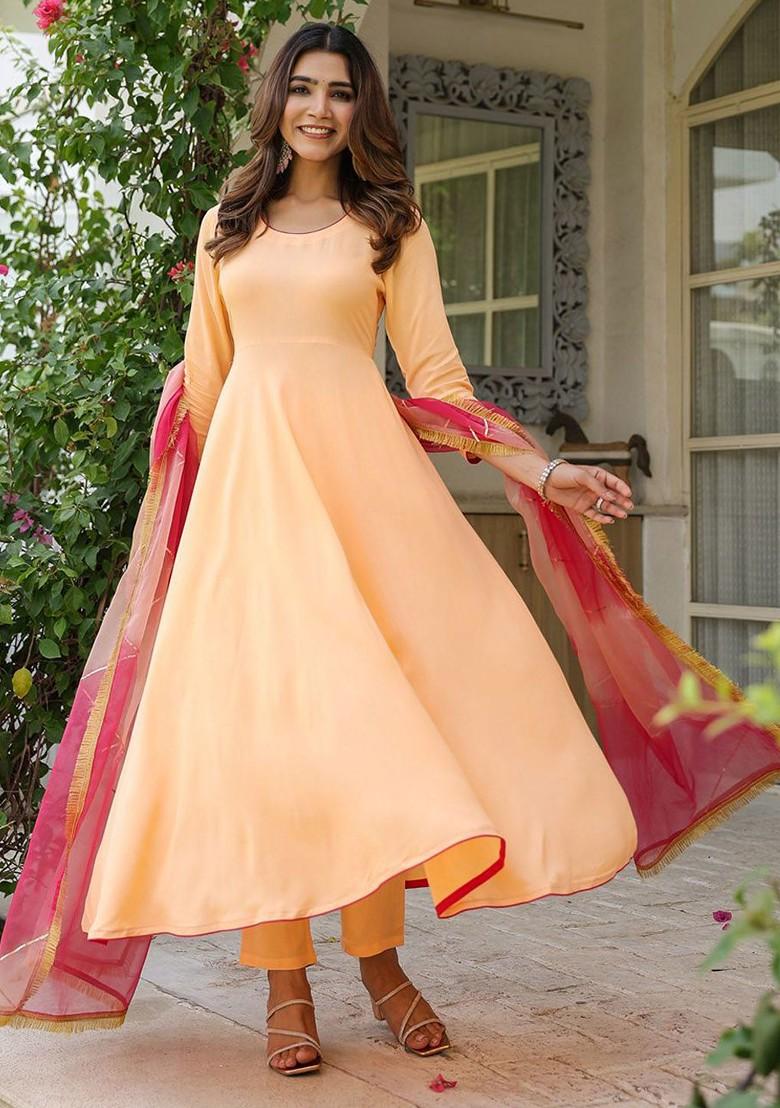 Peach Embroidered Poly Blended Kurta Sets - Indya