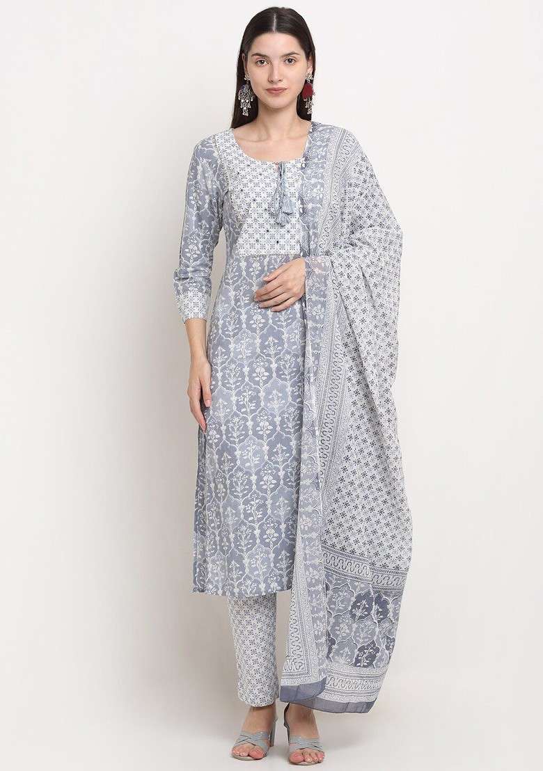 Grey Embroidered Poly Blended Kurta Sets - Indya