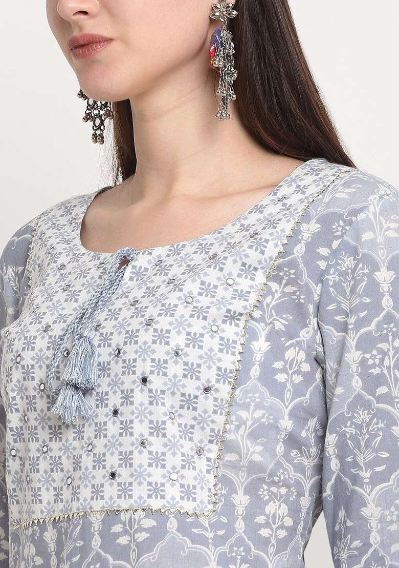 Grey Embroidered Poly Blended Kurta Sets - Indya