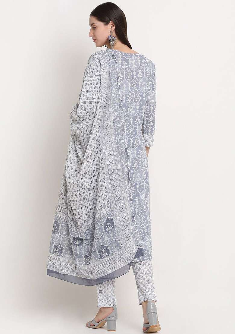 Grey Embroidered Poly Blended Kurta Sets - Indya