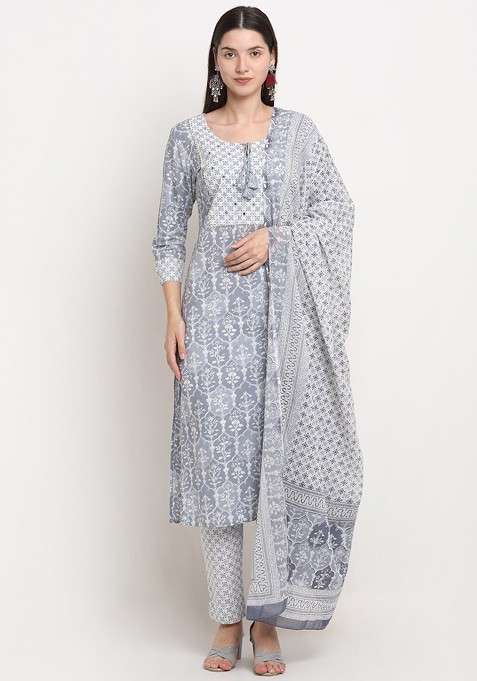 Grey Embroidered Poly Blended Kurta Sets