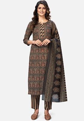 Brown Embroidered Poly Blended Kurta Sets