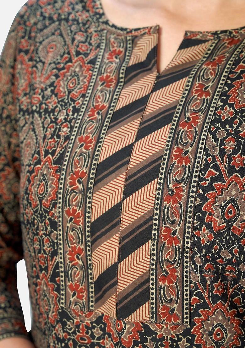 Brown Embroidered Poly Blended Kurta Sets - Indya