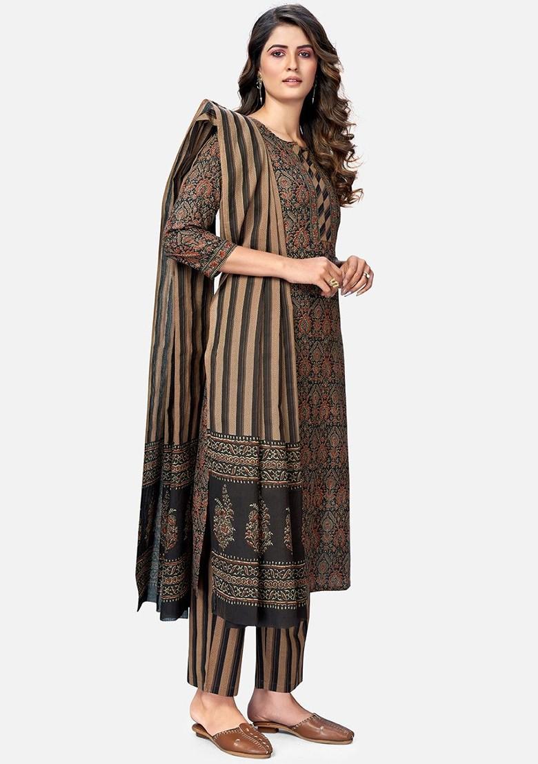 Brown Embroidered Poly Blended Kurta Sets - Indya