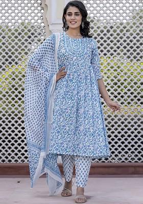 Turquoise Blue Embroidered Poly Blended Kurta Sets