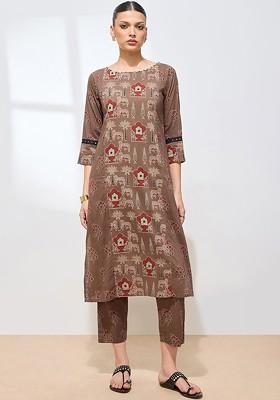 Brown Embroidered Poly Blended Kurta Sets