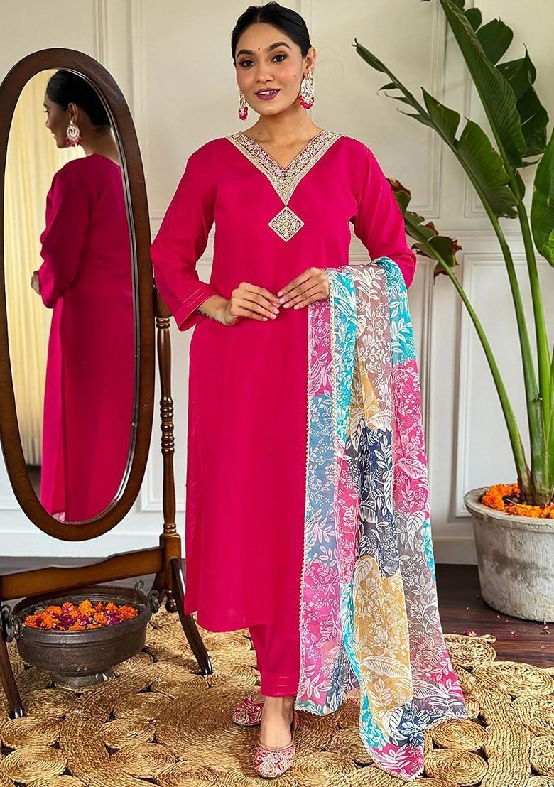 Red Embroidered Poly Blended Kurta Sets