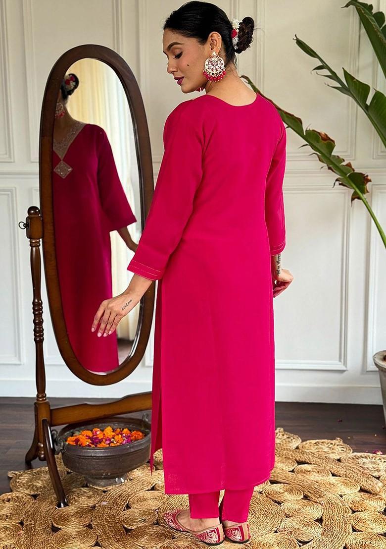 Red Embroidered Poly Blended Kurta Sets