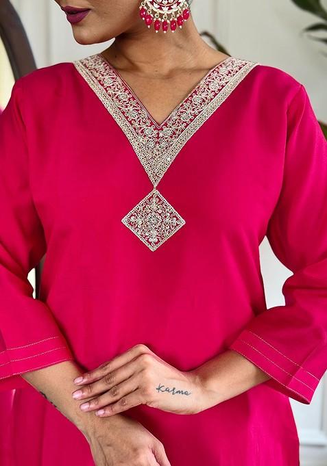 Red Embroidered Poly Blended Kurta Sets