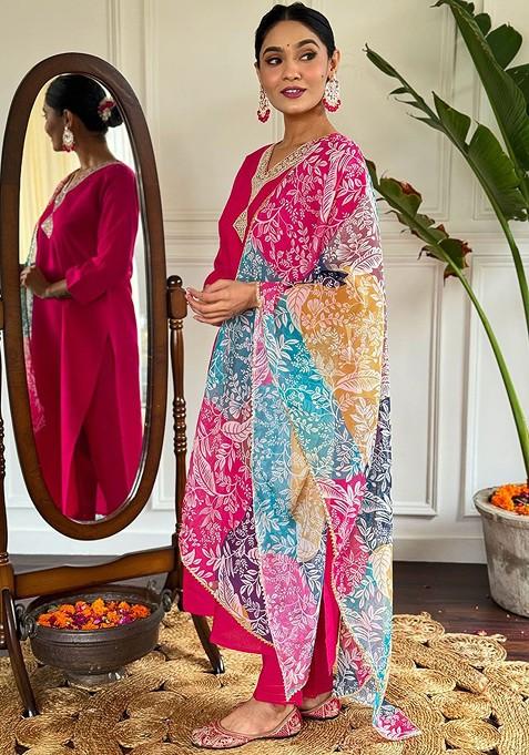 Red Embroidered Poly Blended Kurta Sets