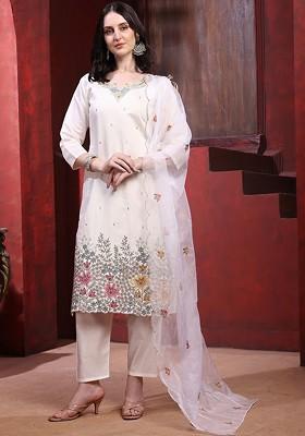 Off White Embroidered Poly Blended Kurta Sets