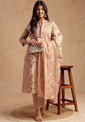 Peach Embroidered Poly Blended Kurta Sets