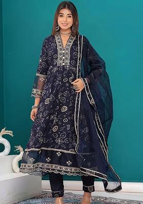 Navy Blue Embroidered Poly Blended Kurta Sets