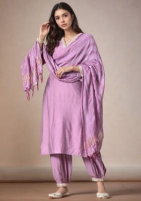 Lavender Embroidered Poly Blended Kurta Sets