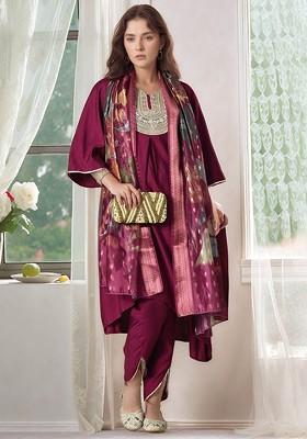 Magenta Embroidered Poly Blended Kurta Sets