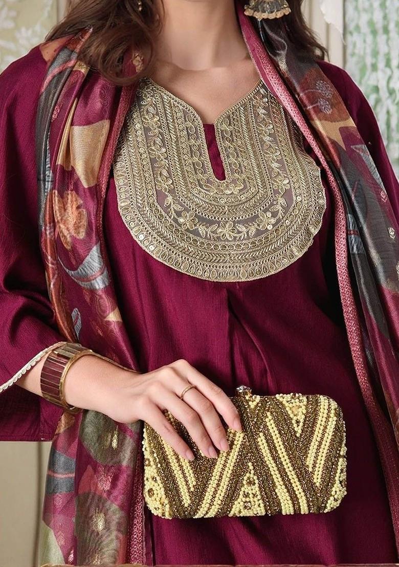 Magenta Embroidered Poly Blended Kurta Sets - Indya