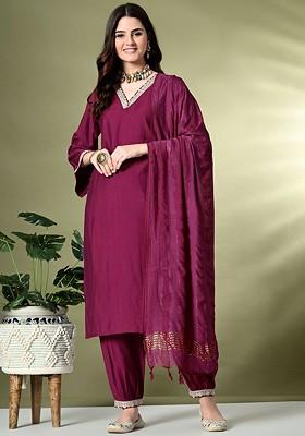 Magenta Embroidered Poly Blended Kurta Sets