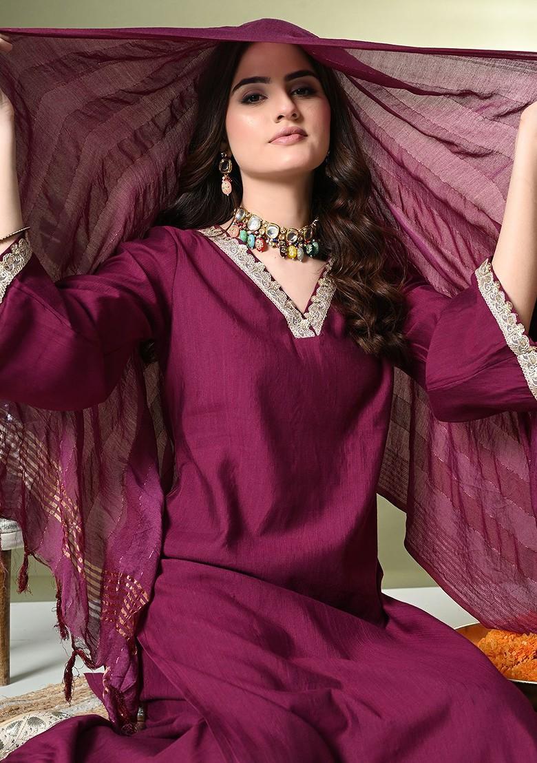 Magenta Embroidered Poly Blended Kurta Sets - Indya