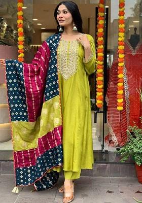 Lime Green Embroidered Poly Blended Kurta Sets