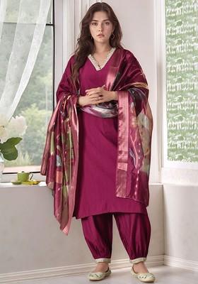 Magenta Embroidered Poly Blended Kurta Sets