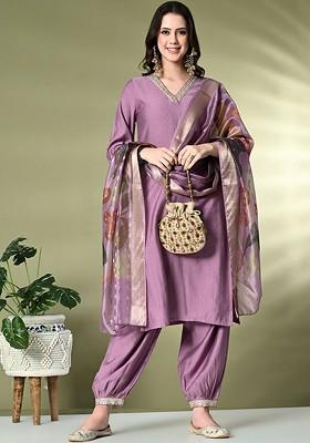Lavender Embroidered Poly Blended Kurta Sets