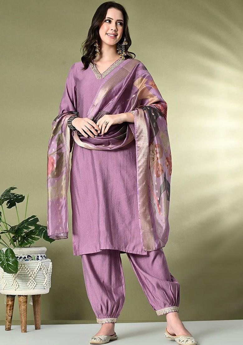 Lavender Embroidered Poly Blended Kurta Sets - Indya