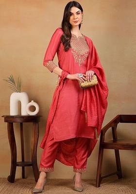 Rust Embroidered Poly Blended Kurta Sets