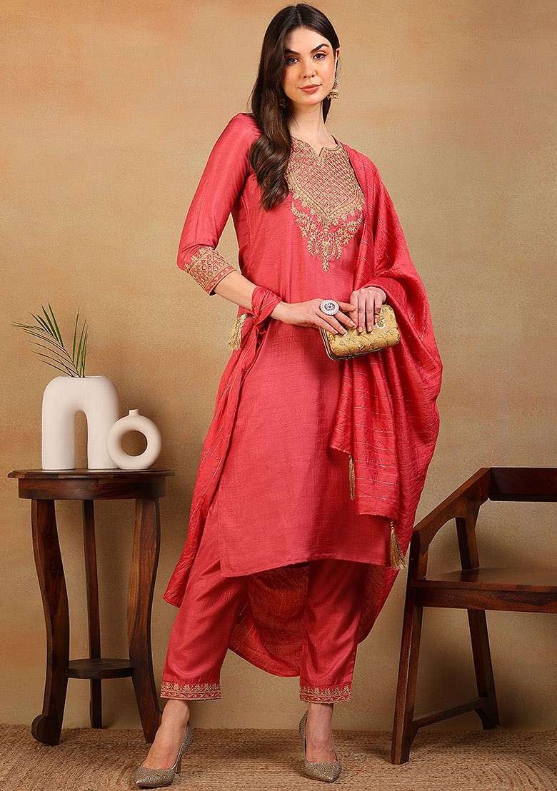 Rust Embroidered Poly Blended Kurta Sets - Indya