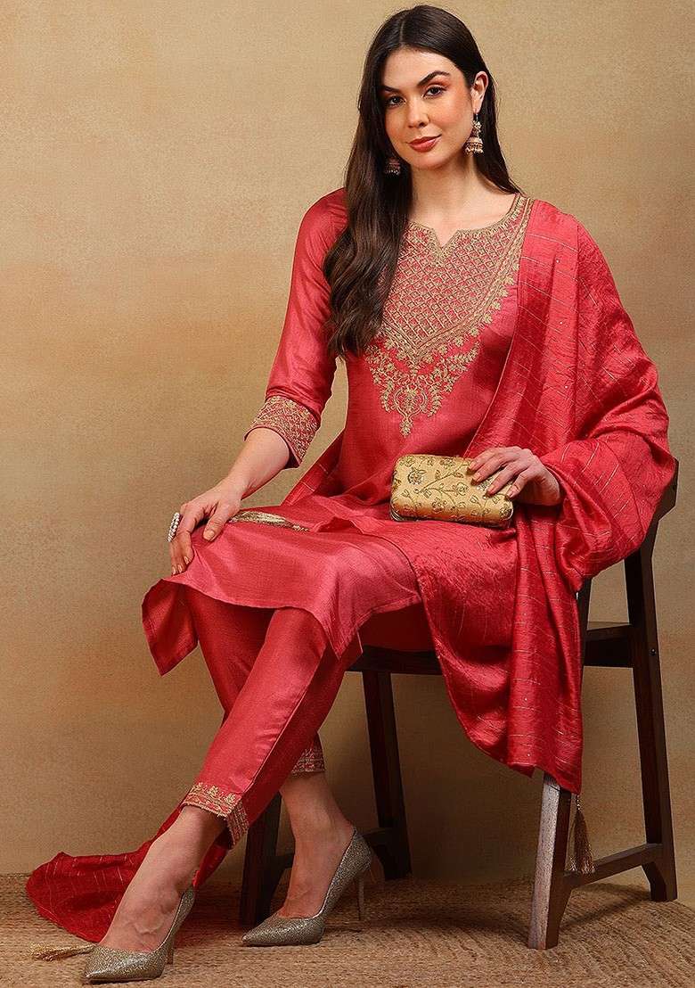 Rust Embroidered Poly Blended Kurta Sets - Indya