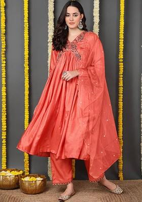 Orange Embroidered Poly Blended Kurta Sets