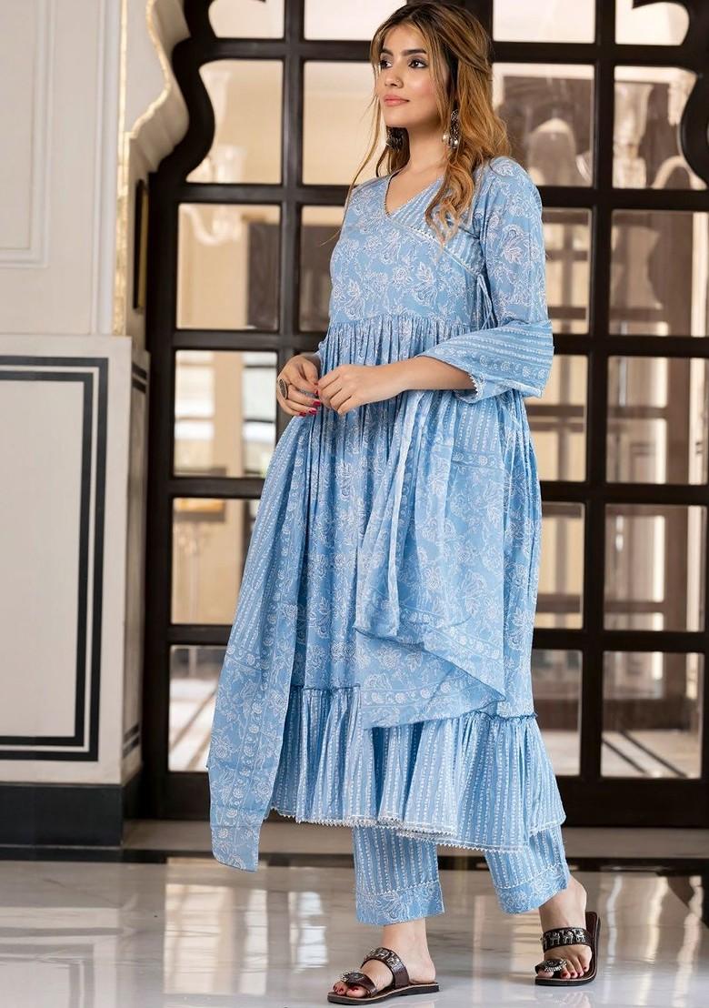 Blue Embroidered Poly Blended Kurta Sets - Indya