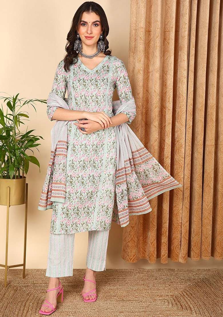 Sea Green Embroidered Poly Blended Kurta Sets - Indya