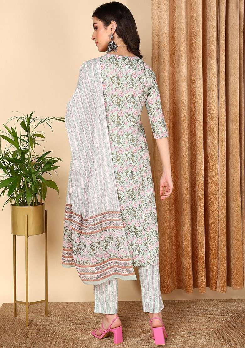 Sea Green Embroidered Poly Blended Kurta Sets - Indya