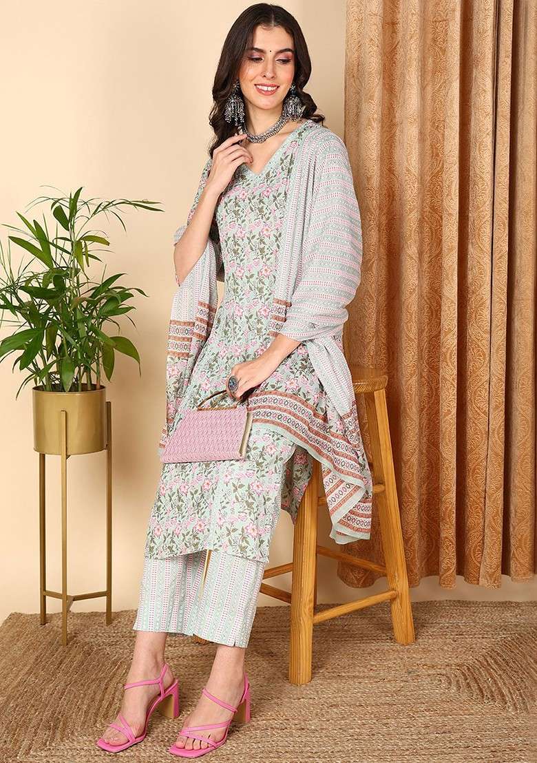 Sea Green Embroidered Poly Blended Kurta Sets - Indya