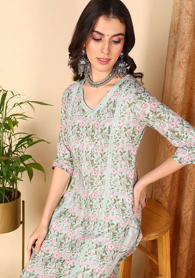 Sea Green Embroidered Poly Blended Kurta Sets - Indya