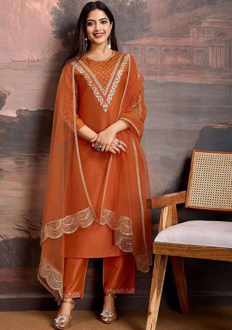Rust Embroidered Poly Blended Kurta Sets - Indya