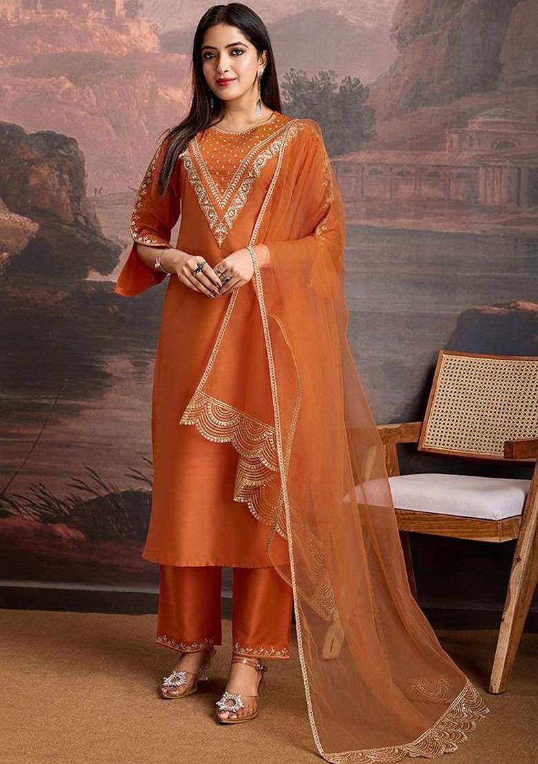 Rust Embroidered Poly Blended Kurta Sets - Indya