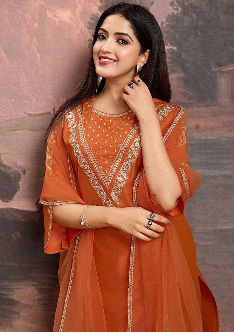 Rust Embroidered Poly Blended Kurta Sets - Indya