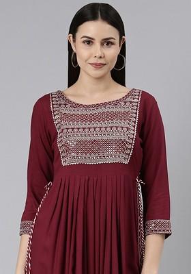 Burgundy Embroidered Poly Blended Kurta Sets