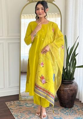 Lime Green Embroidered Poly Blended Kurta Sets