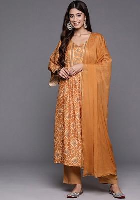 Rust Embroidered Poly Blended Kurta Sets