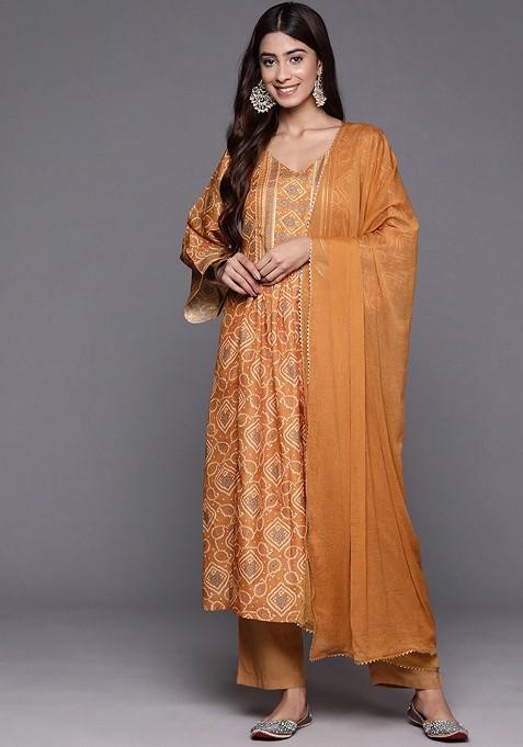 Rust Embroidered Poly Blended Kurta Sets
