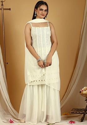 Off White Embroidered Poly Blended Kurta Sets