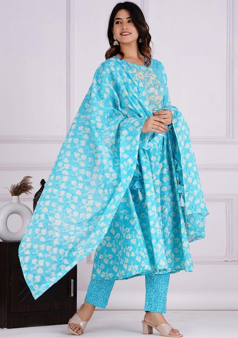 Blue Embroidered Poly Blended Kurta Sets - Indya